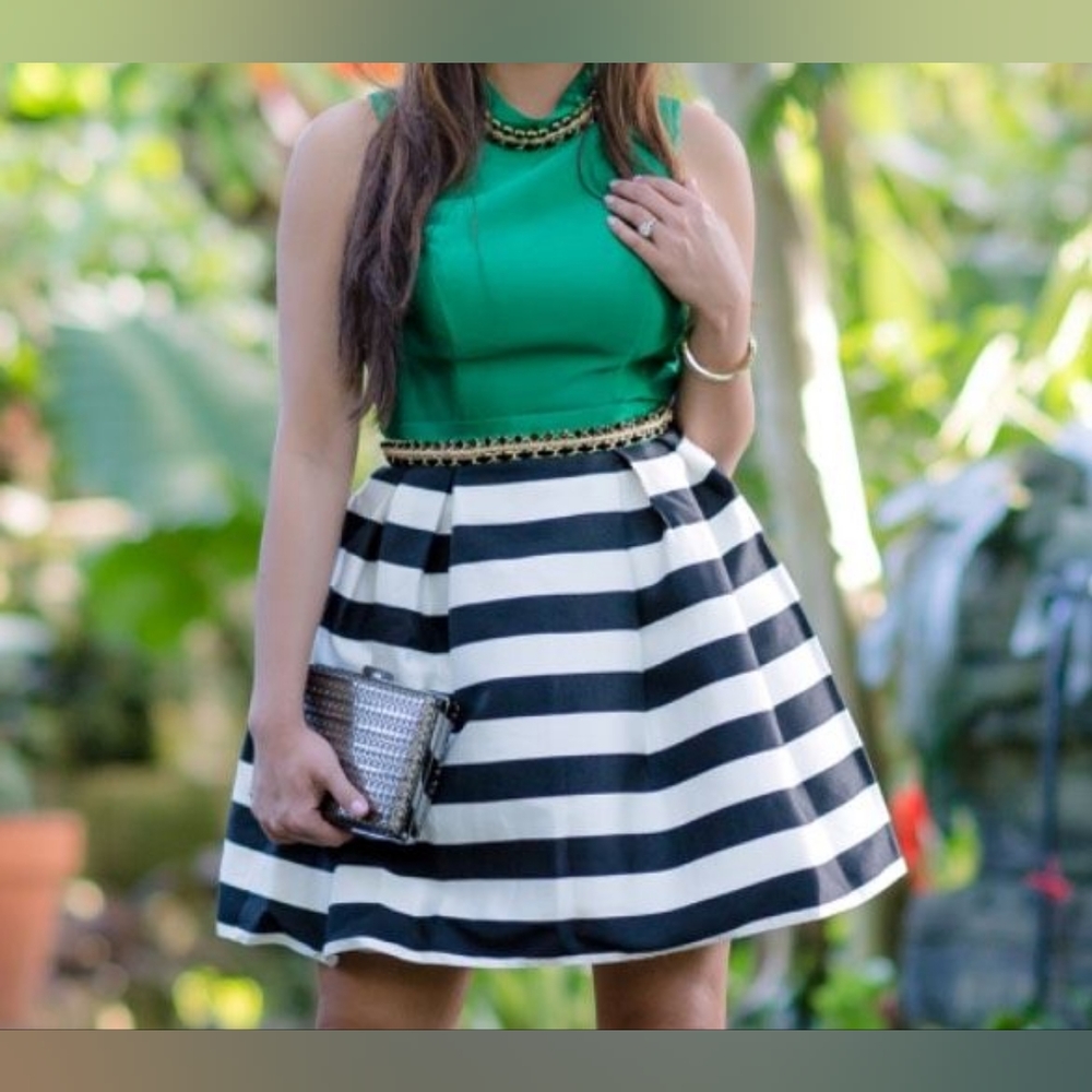 Mac Duggal black and green A-line prom dress with neck embellishments